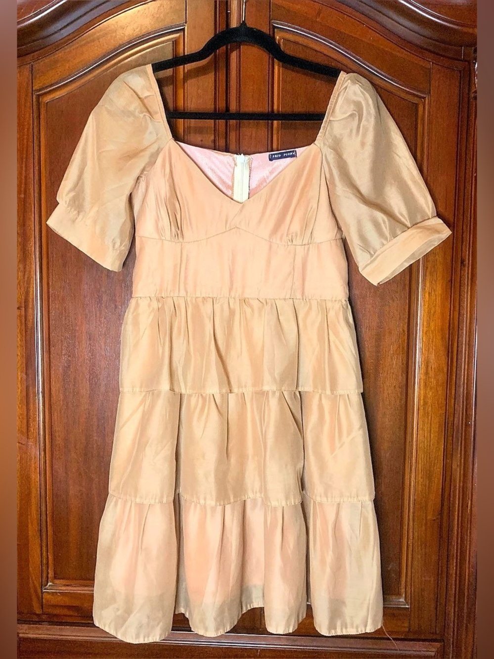 Fred Perry Peach Puff Sleeve Tiered Mini Dress